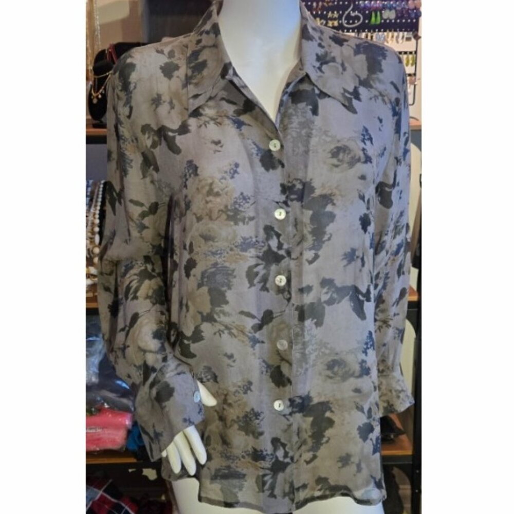 NWOT Gray Floral 100% Silk Button Down Shirt L 12-14